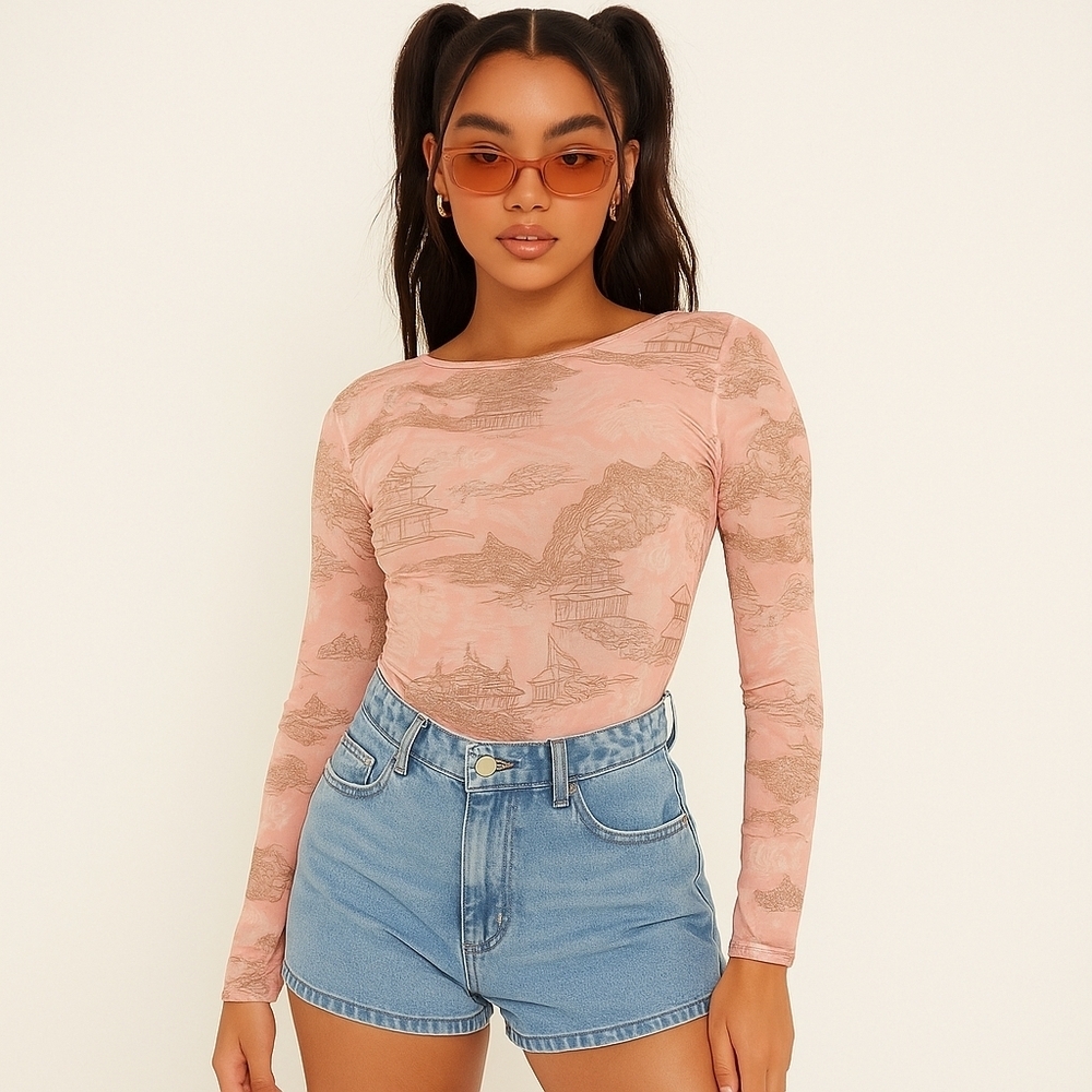 PrettyLittleThing Pink Mesh Long Sleeve Plunge Bodysuit Size 8